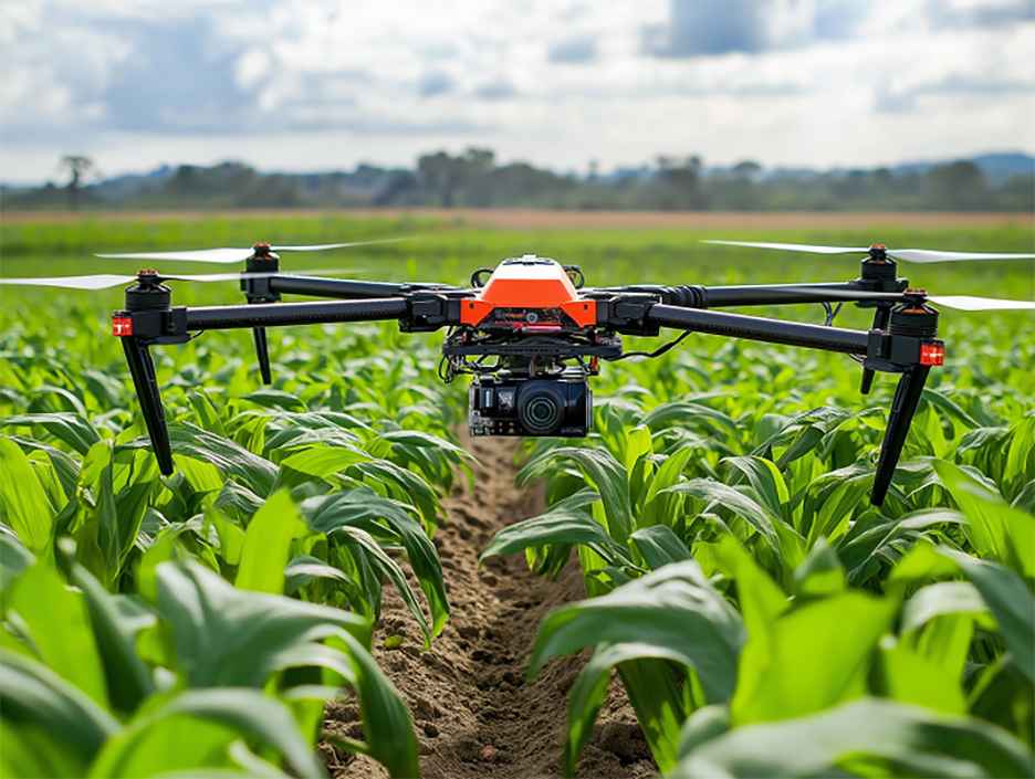 A drone flying over a field of crops