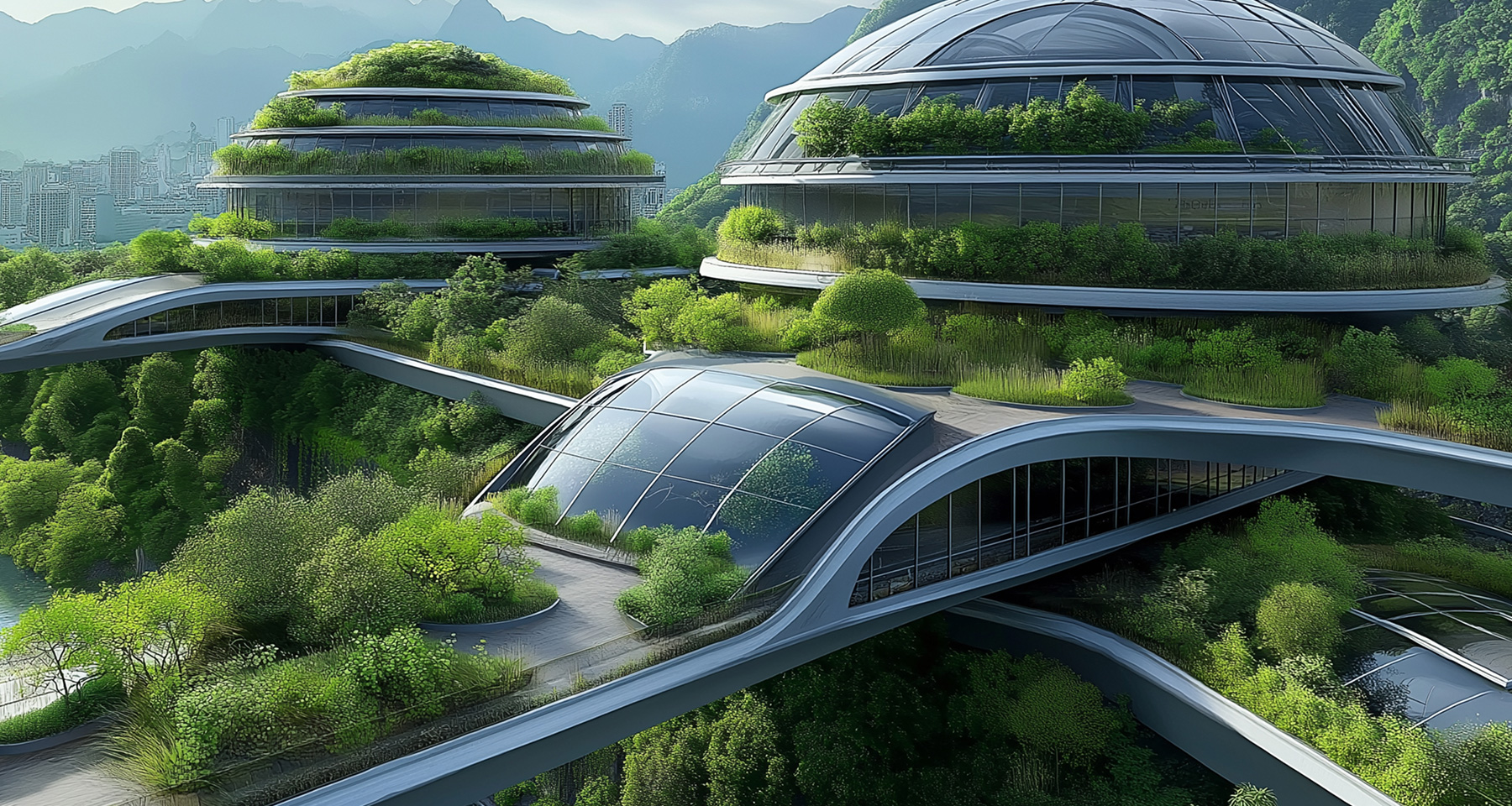 Futuristic building with dome-shaped structures, large windows, and surrounded by trees.