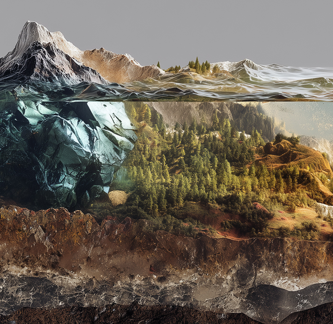 An illustration of a cross section of the earth's surface showing mountain, sea and ocean floor.