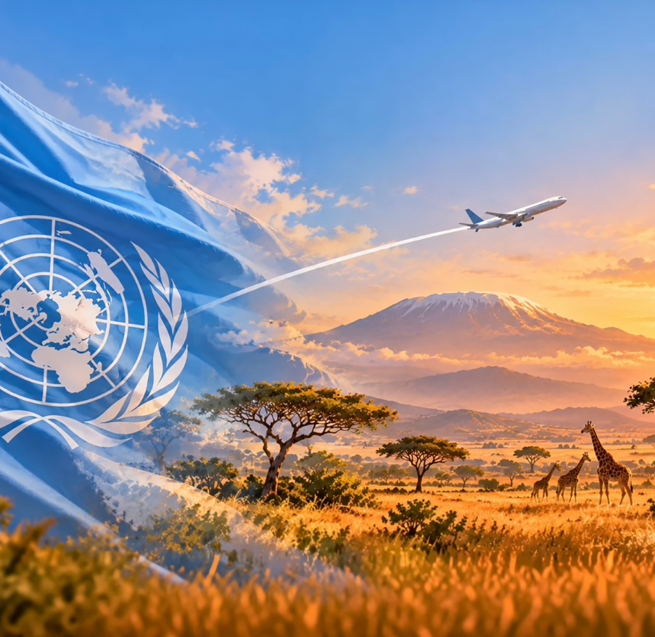An illustration depicting the U.N. flag and a jetliner superimposed over an African savannah landscape.