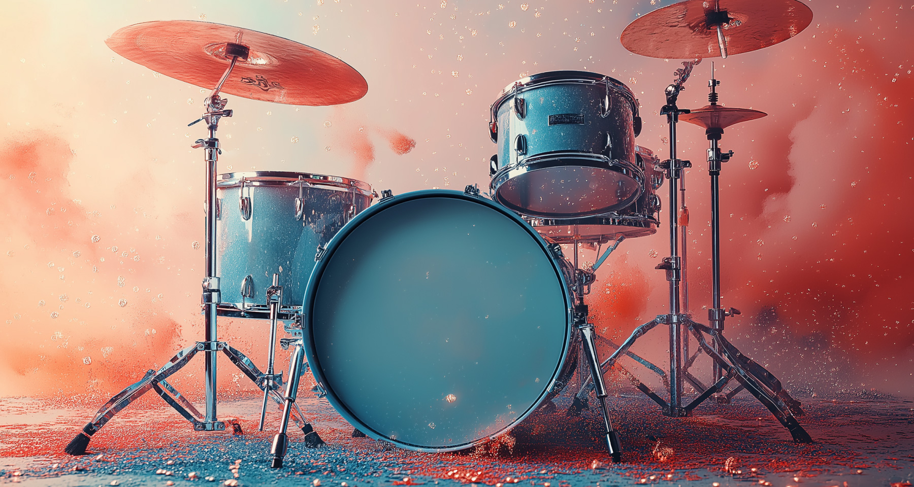 Drum set with colorfull smoke in the background.