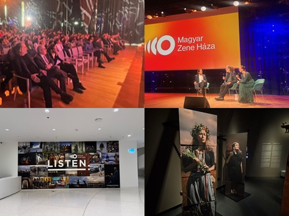 A collage of images showing an audience, speakers on stage and exhibits.