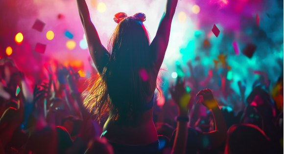 Silhouette of a woman dancing at a festival.
