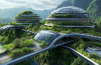 Thumbnail image of Futuristic building with dome-shaped structures, large windows, and surrounded by trees.