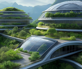 Futuristic building with dome-shaped structures, large windows, and surrounded by trees.